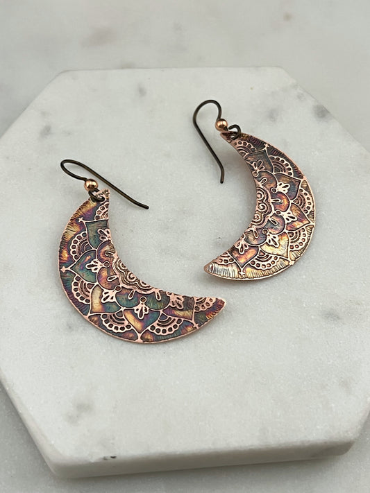 Crescent moon copper earrings