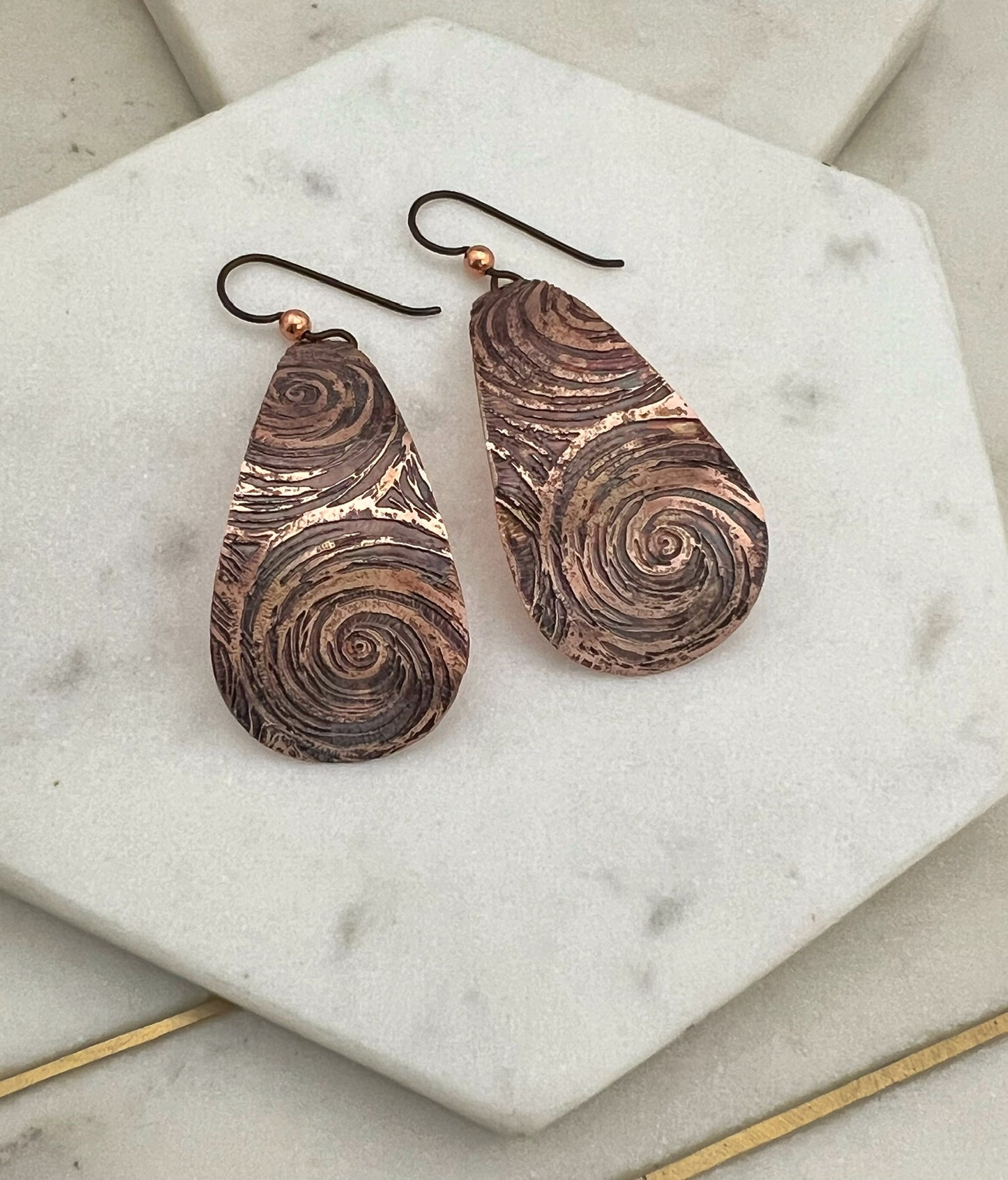 Large acid etched copper teardrop earrings