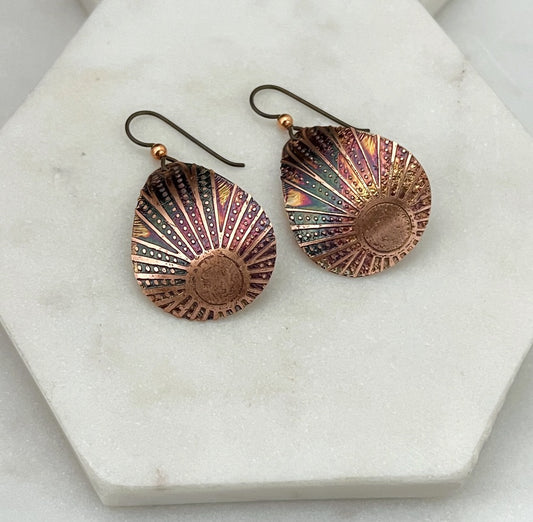 Acid etched copper medium teardrop earrings