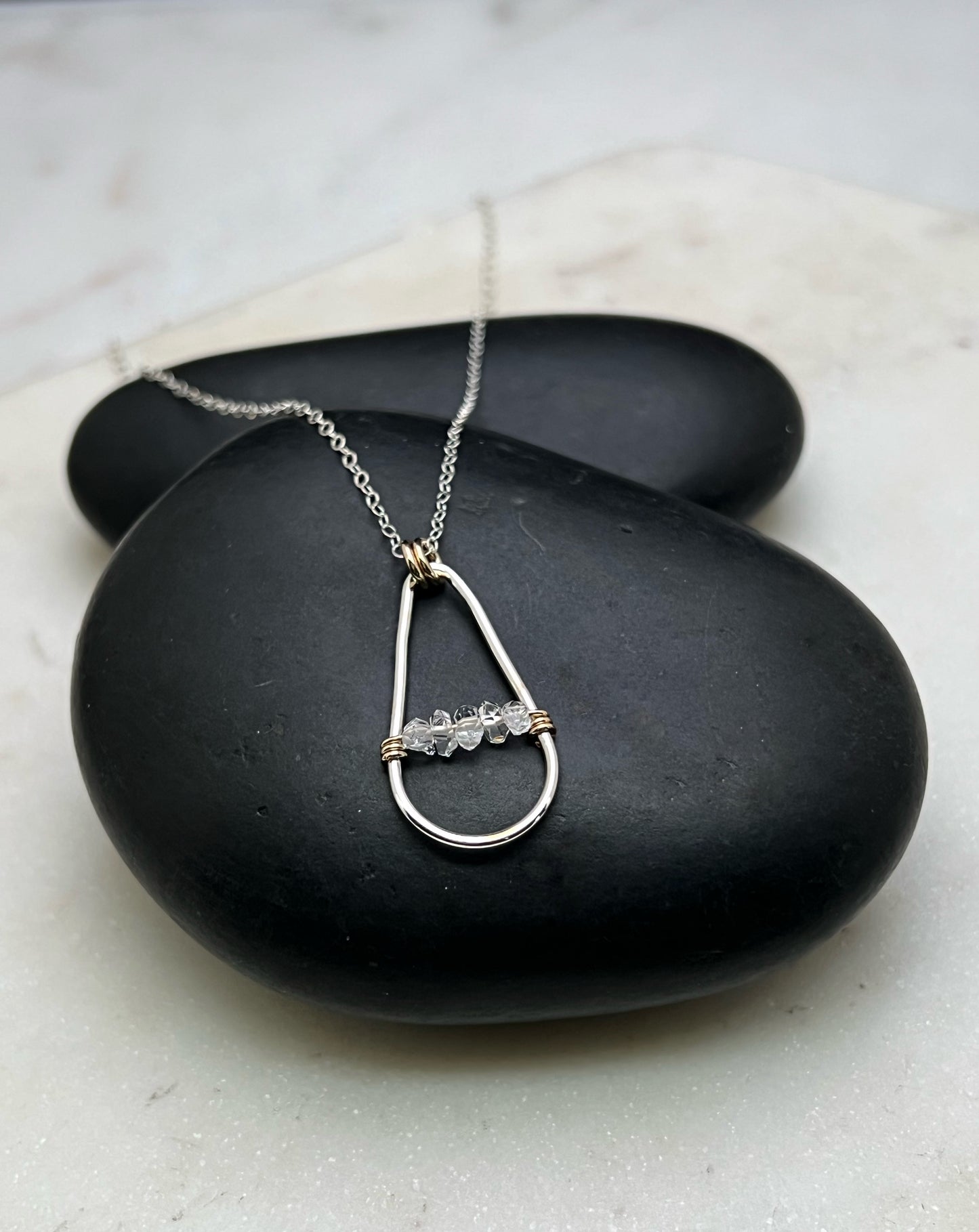Handmade Sterling Silver Teardrop Necklace with 14k Gold and Herkimer Diamond