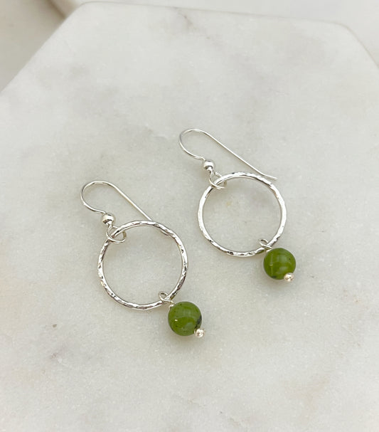 Sterling silver hoop earrings with jade gemstones