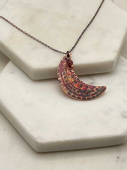 Acid etched copper crescent necklace with pink tourmaline gemstone