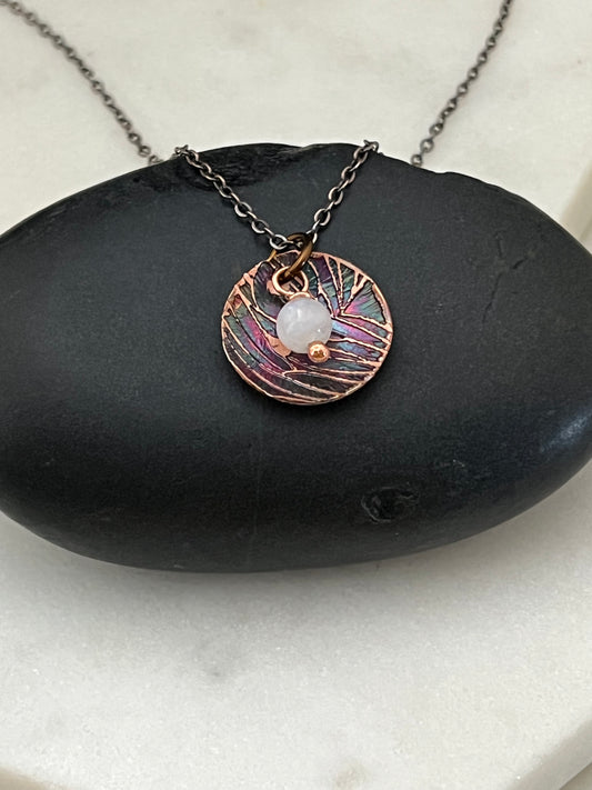 Acid etched copper necklace with moonstone gemstone