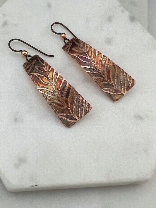 Acid etched copper irregular rectangle earrings