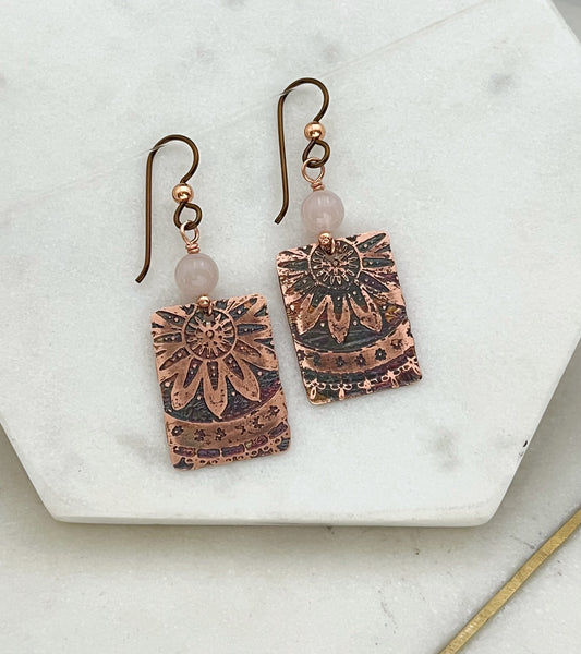 Acid etched copper earrings with rose quartz gemstones
