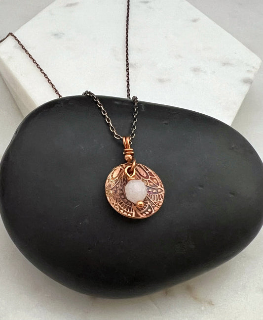 Acid etched copper necklace with peach moonstone gemstone