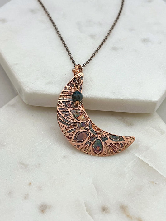 Acid etched copper crescent necklace with apatite gemstone