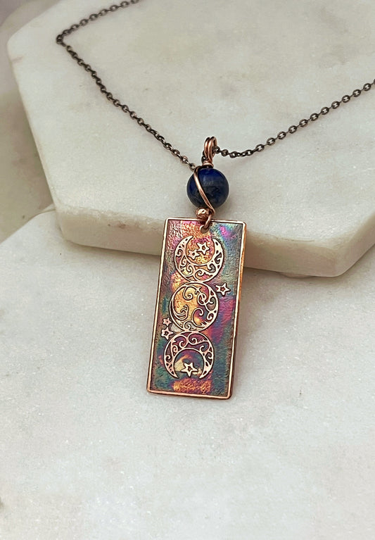 Acid etched copper moon necklace with lapis gemstone