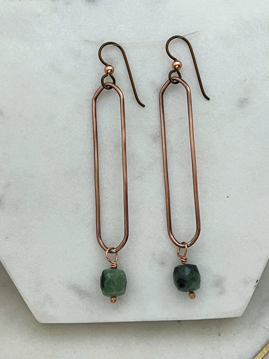 Copper oval hoops with ruby zosite gemstones