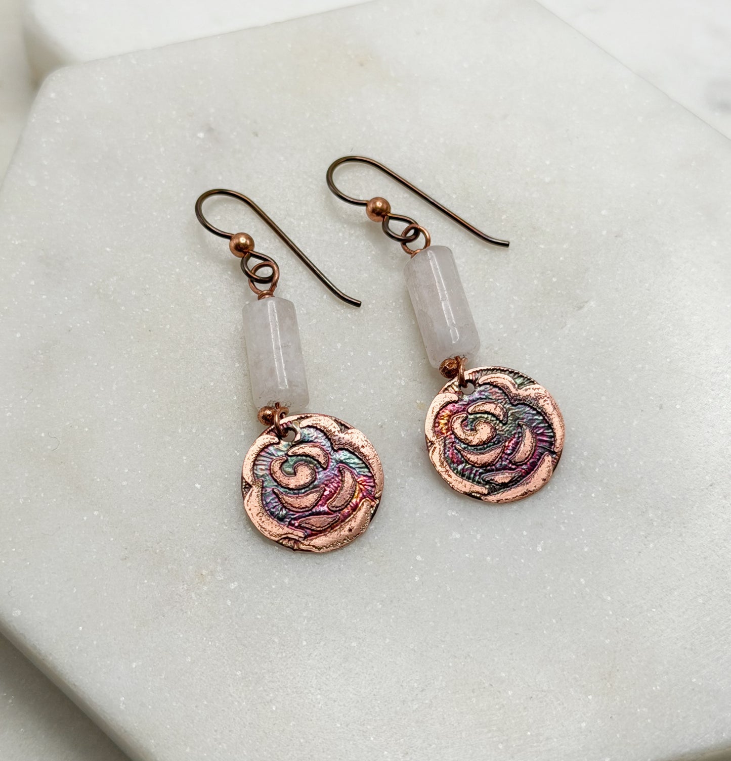 Rose Quartz & Acid-Etched Copper Earrings