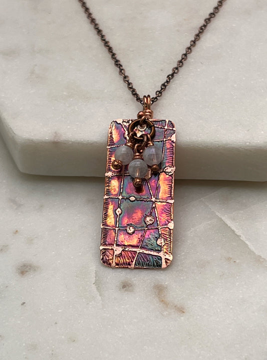 Acid etched copper necklace with moonstone gemstones