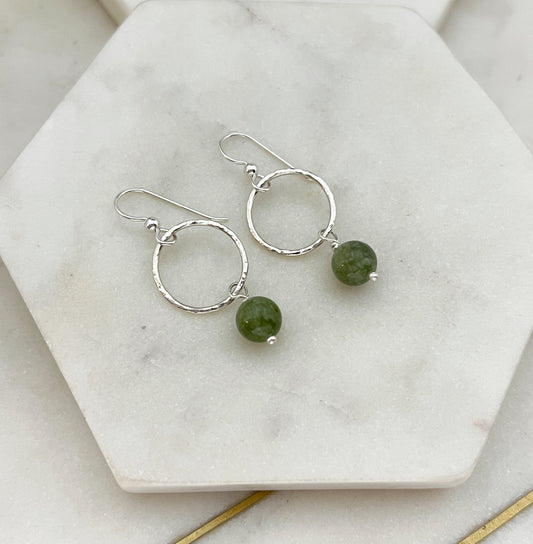 Sterling silver hoop earrings with jade gemstones