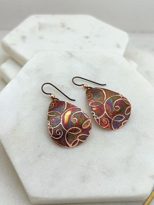 Acid etched copper medium teardrop earrings