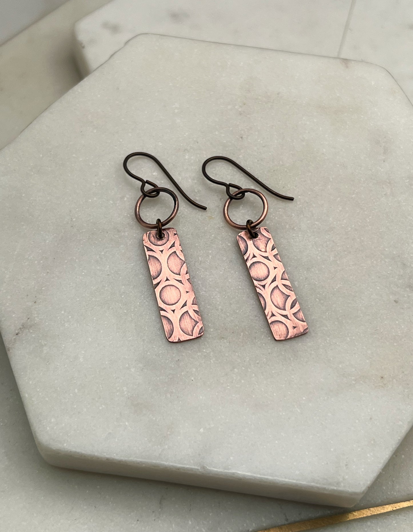 Short patterned Copper Dangle Earrings