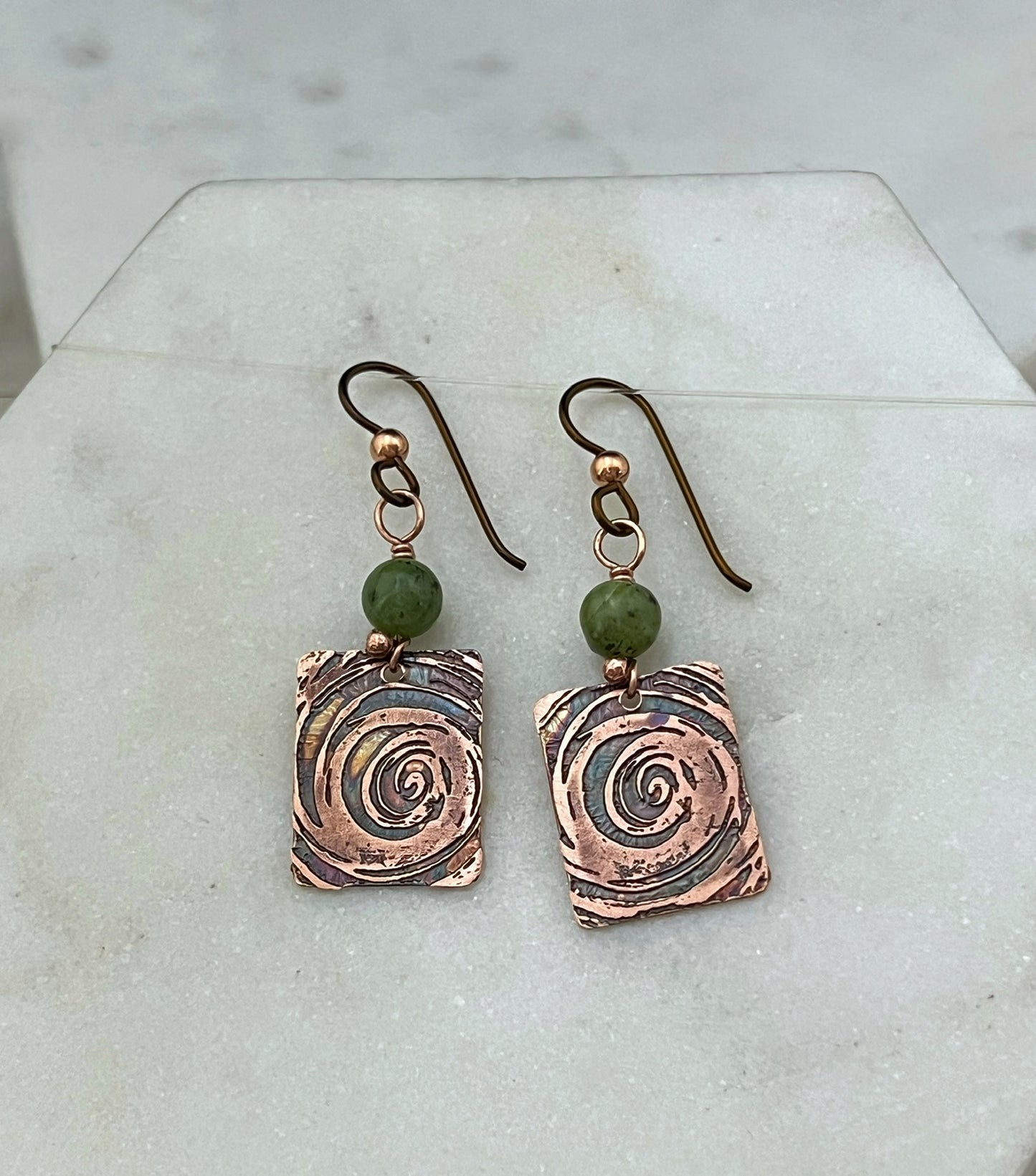 Acid etched copper earrings with jade gemstones
