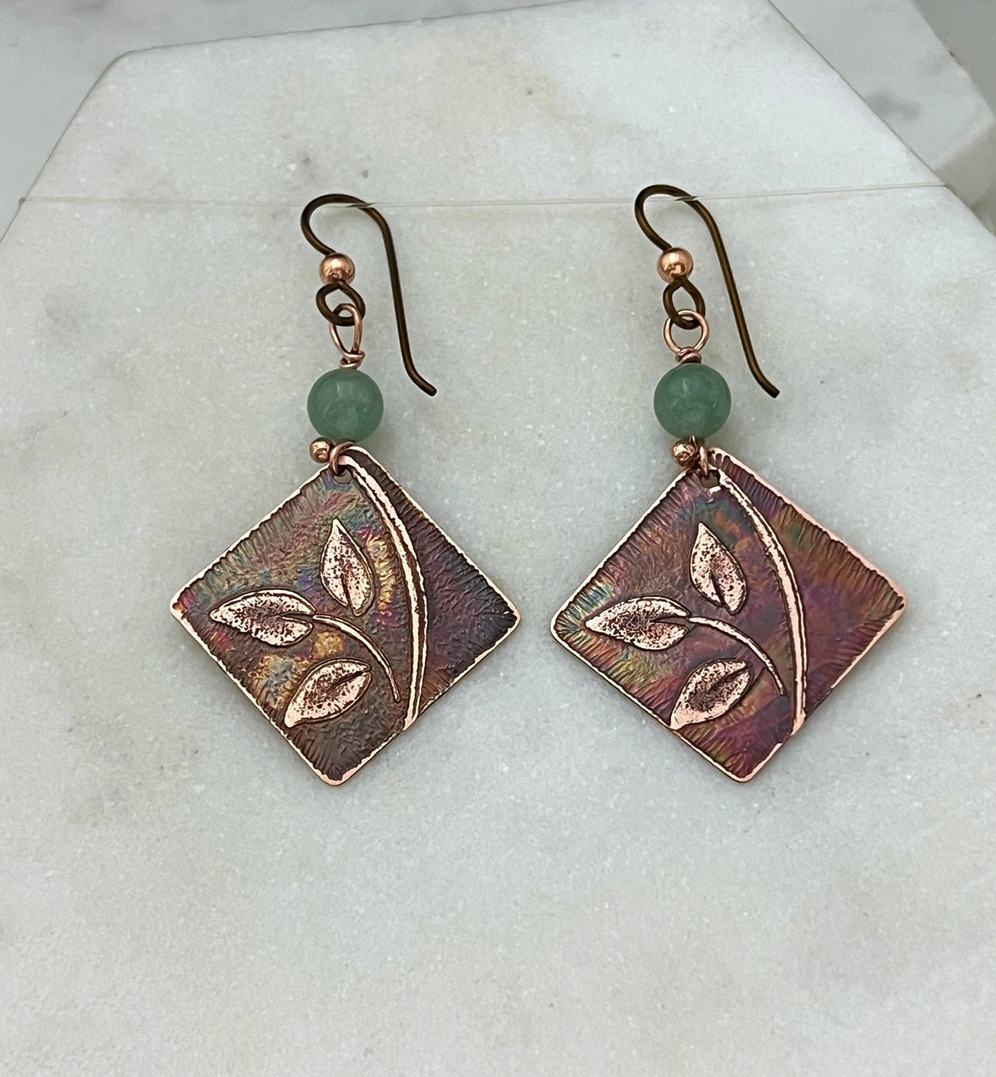 Acid etched copper earrings with aventurine gemstones
