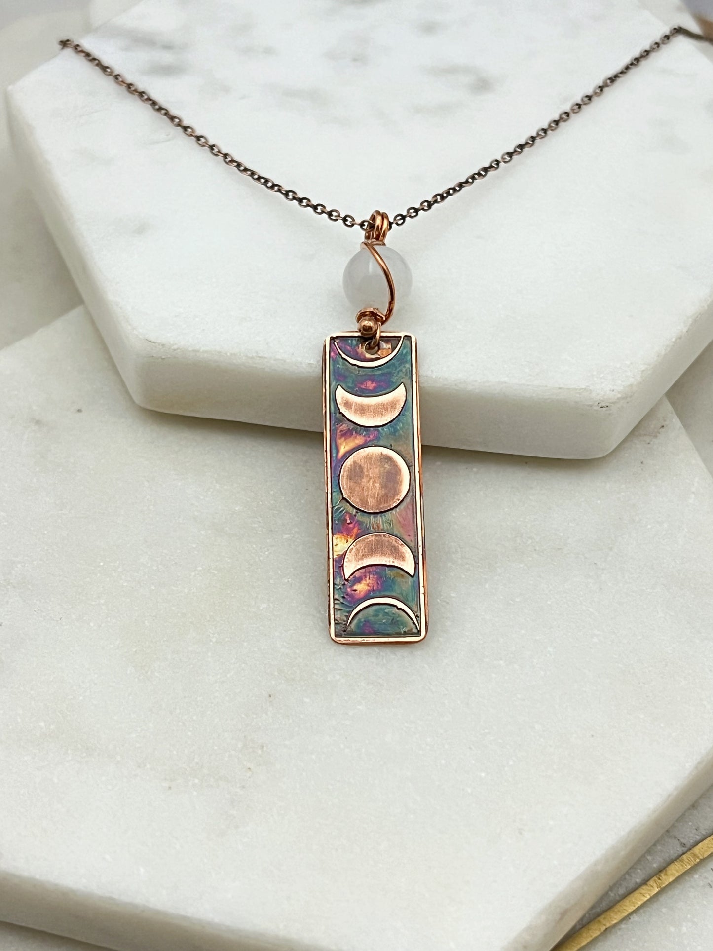 Moon phase acid etched copper necklace with moonstone gemstone