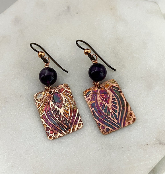 Acid etched copper earrings with amethyst gemstones