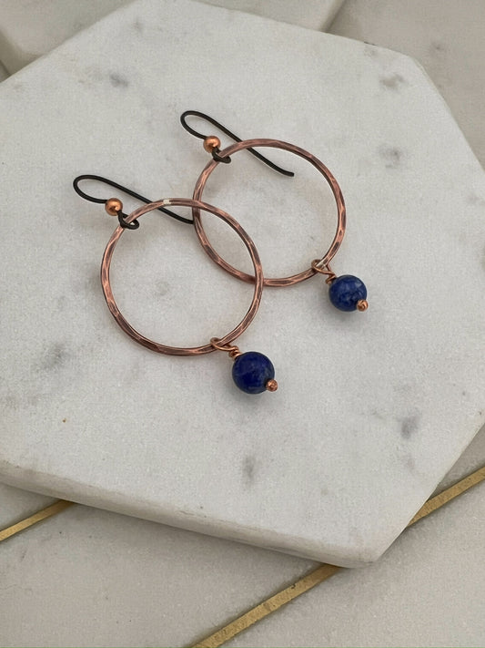 Copper teardrop hoop earrings with lapis