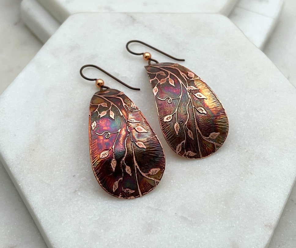Large acid etched copper teardrop earrings