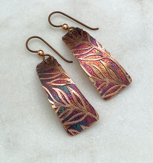 Acid etched copper irregular rectangle earrings