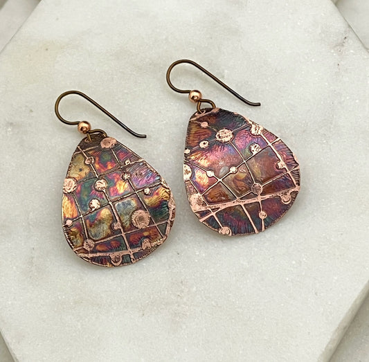 Acid etched copper medium teardrop earrings