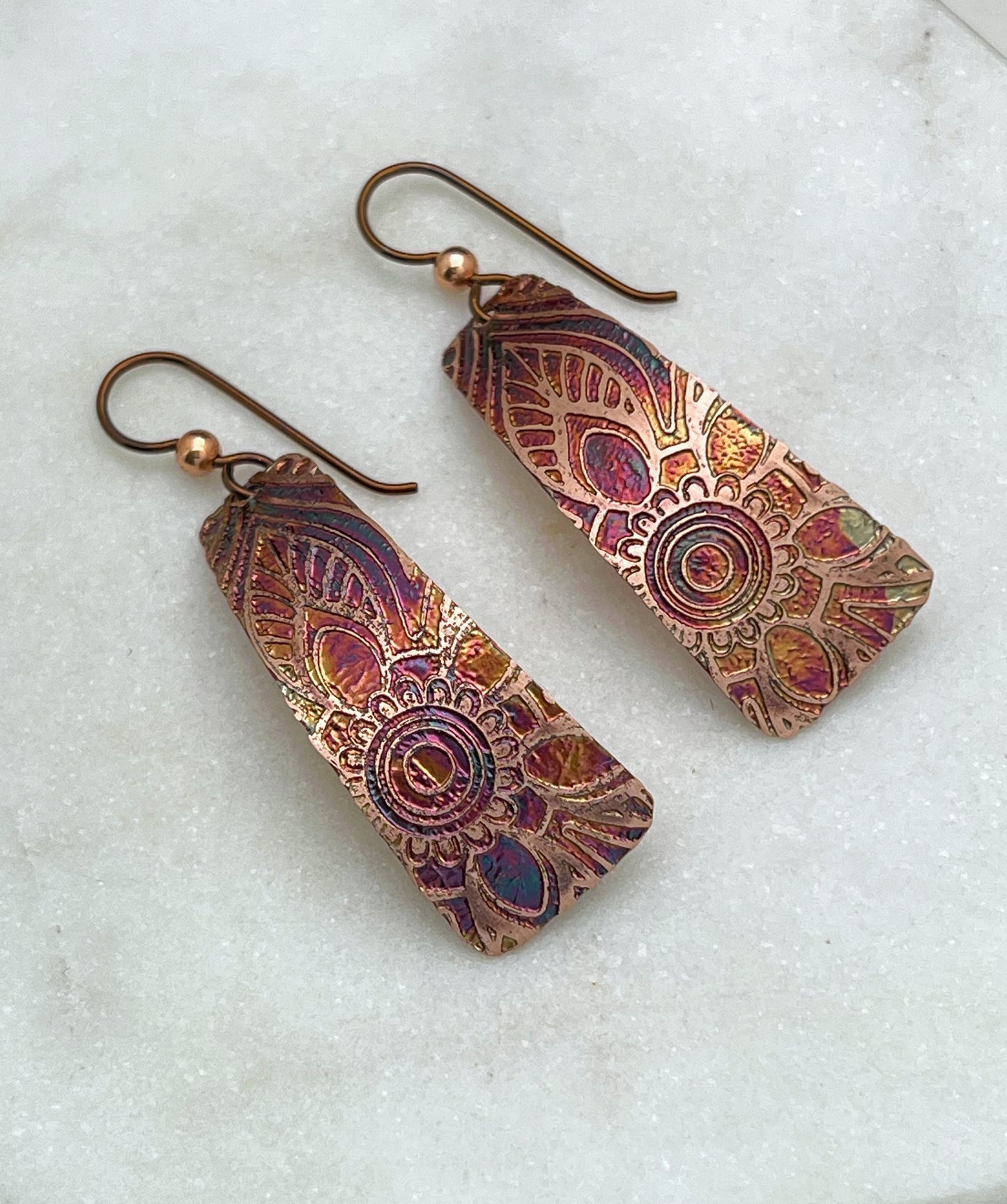 Acid etched copper irregular rectangle earrings