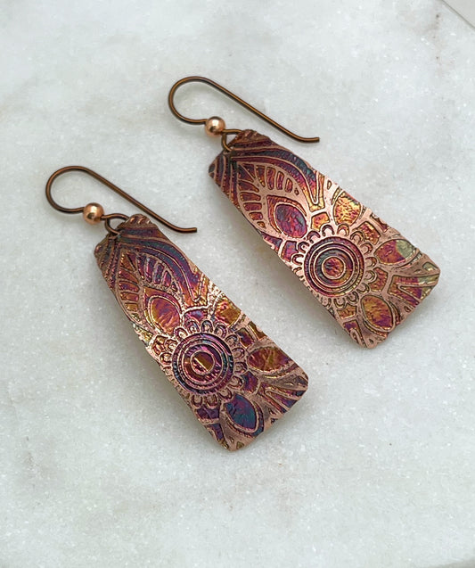 Acid etched copper irregular rectangle earrings