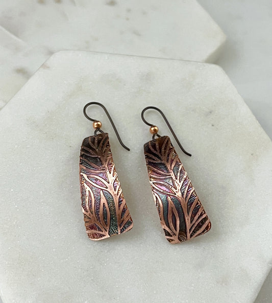 Acid etched copper irregular rectangle earrings