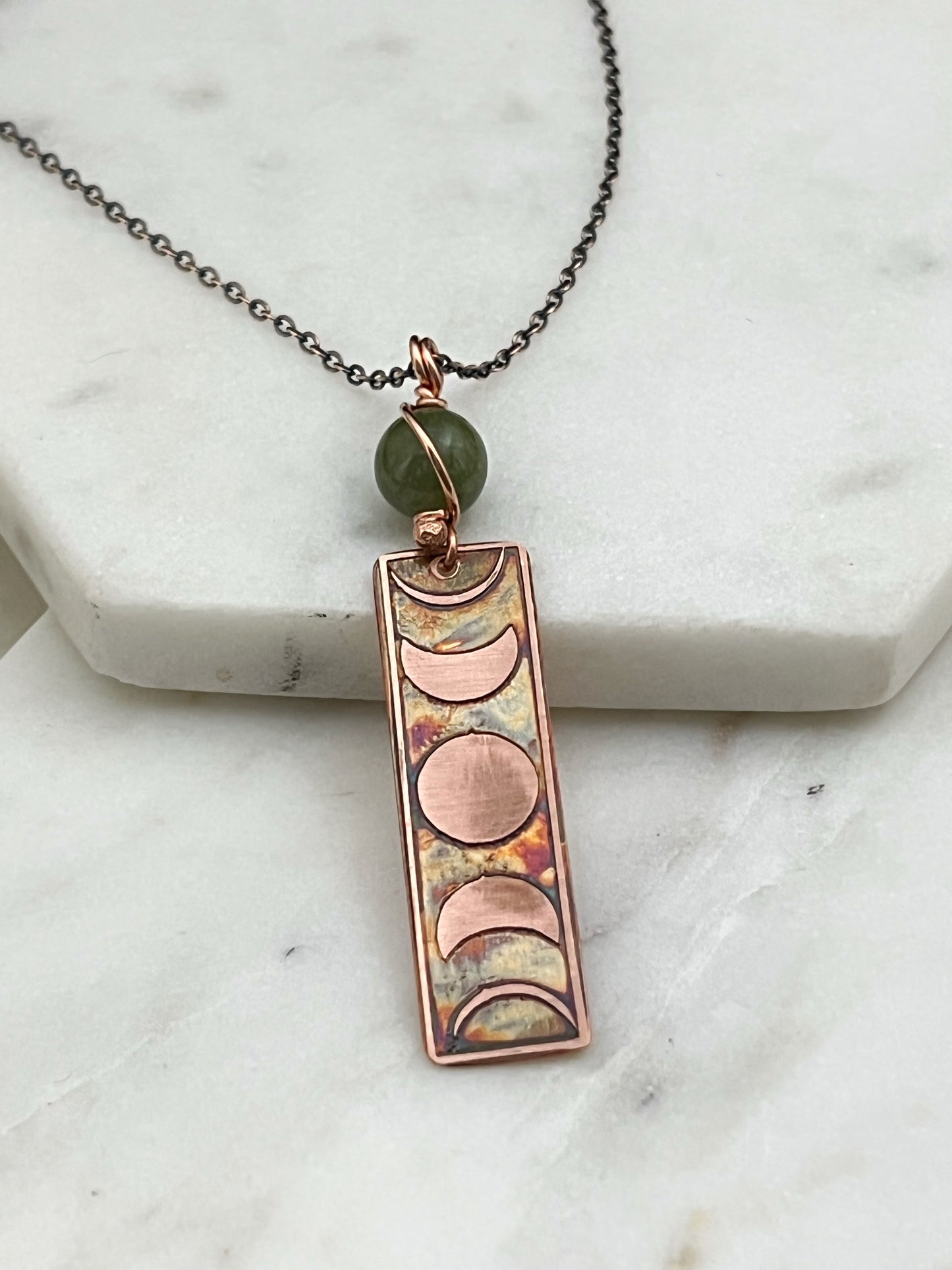 Moon phase acid etched copper necklace with jade gemstone