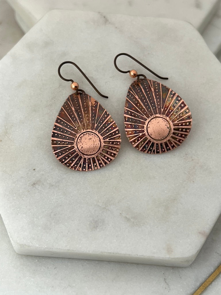 Acid etched copper medium teardrop earrings