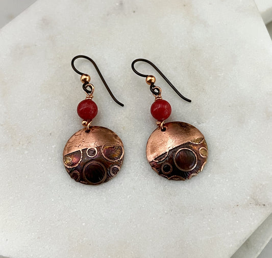 Acid etched copper earrings with coral gemstones