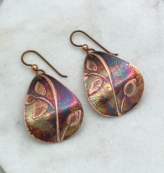 Acid etched copper medium teardrop earrings