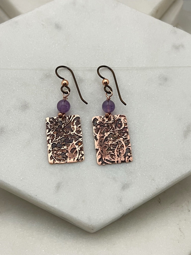 Acid etched copper earrings with amethyst gemstones