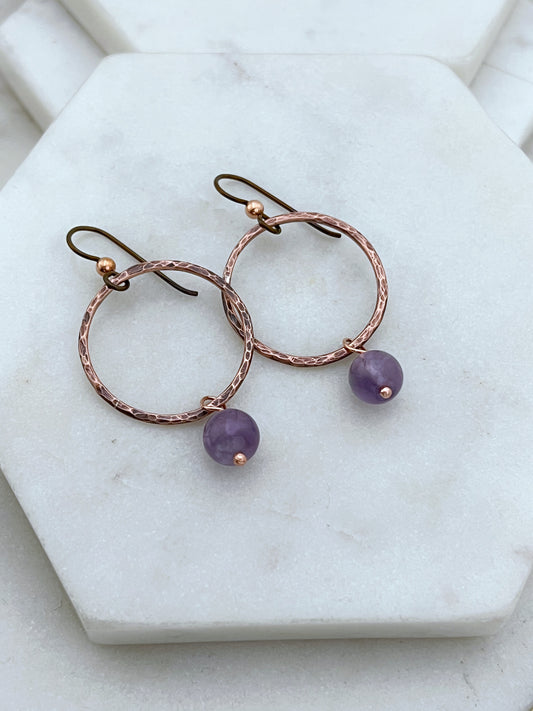 Copper oval hoops with amethyst gemstones