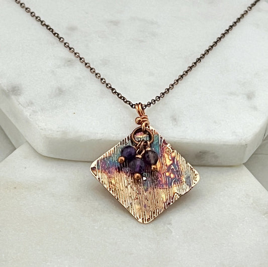 Acid etched copper necklace with amethyst gemstones