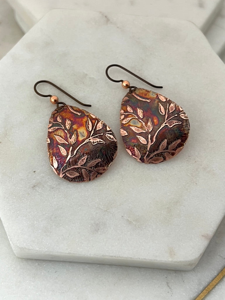 Acid etched copper medium teardrop earrings