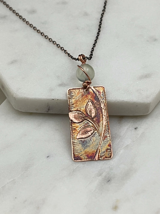 Acid etched copper leaf necklace with prehnite gemstone