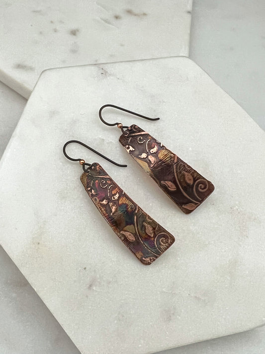 Acid etched copper irregular rectangle earrings