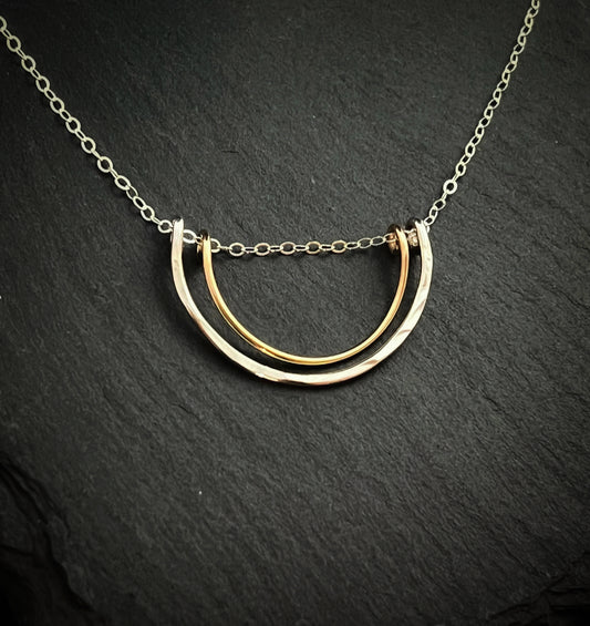 Forged sterling silver and gold fill wire half moon necklace