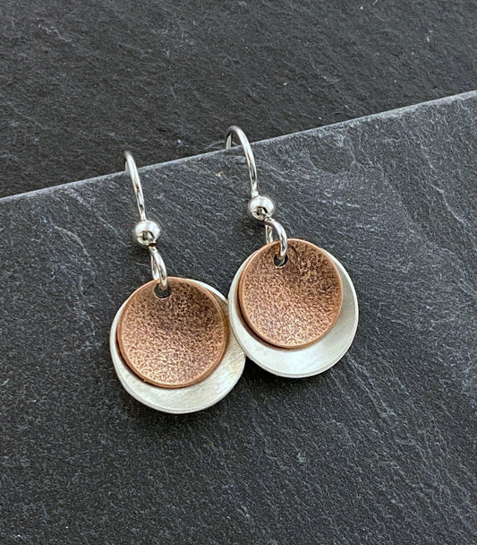 Sterling silver and copper double disk earrings
