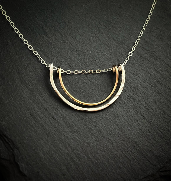 Forged sterling silver and gold fill wire half moon necklace