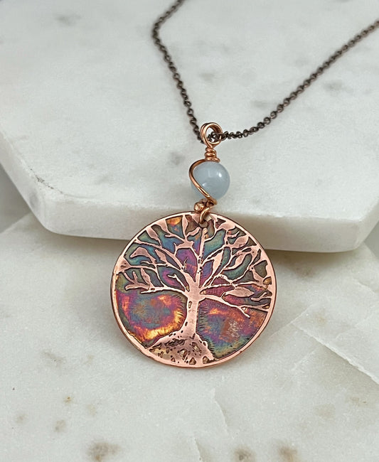 Acid etched copper tree necklace with aquamarine gemstone
