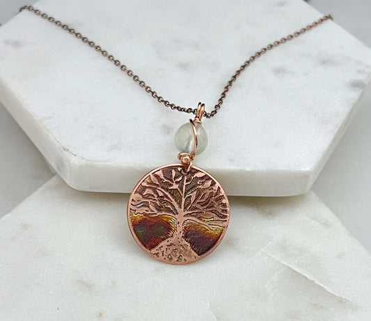 Acid etched copper tree necklace with prehnite gemstone