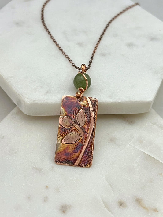 Acid etched copper leaf necklace with Jade gemstone