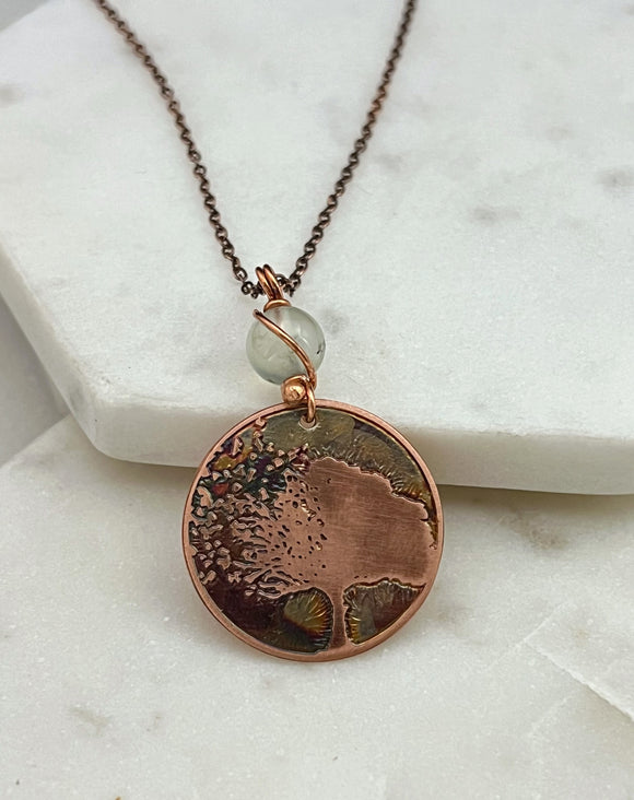 Acid etched copper tree necklace with prehnite gemstone