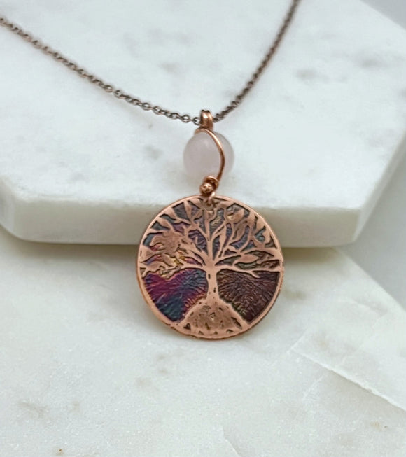 Acid etched copper tree necklace with rose quartz gemstone