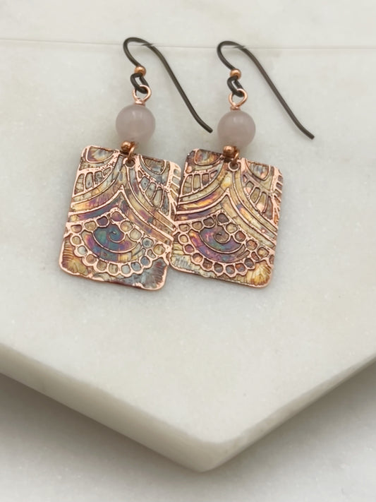 Acid etched copper earrings with rose quartz gemstones