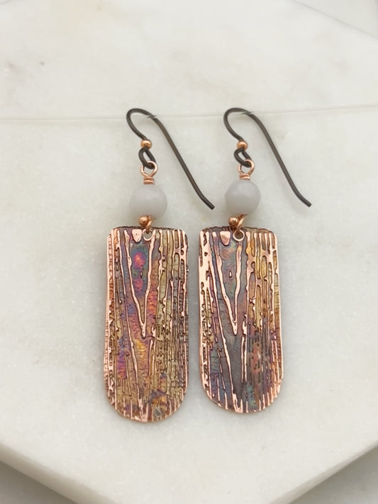 Acid etched copper earrings with mountain jade gemstones
