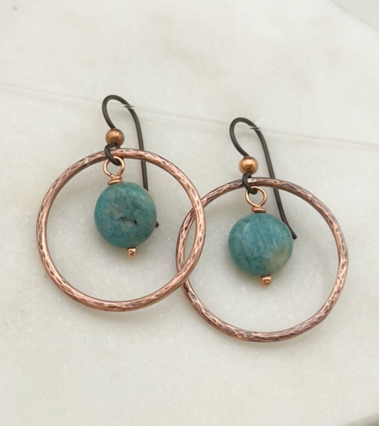 Copper hoops with amazonite gemstones